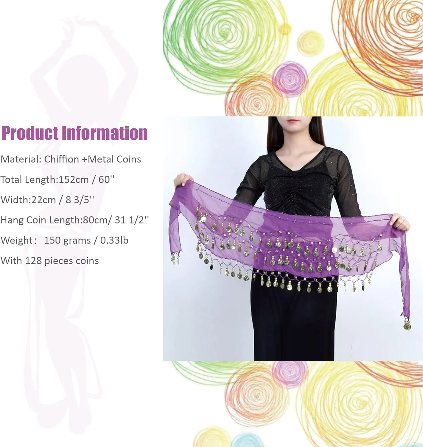 MOLFUJ 8 Pcs Belly Dance Hip Scarf, Belly Dancing Skirt with 128 Gold Coins, Belly Dancer Belt Scarf Skirt for Women 8 Colors