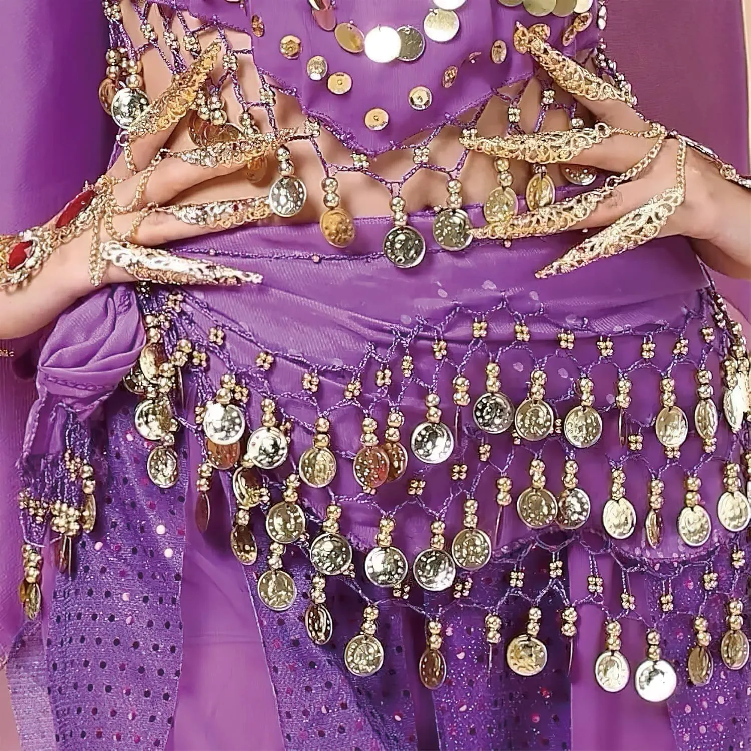 MOLFUJ 8 Pcs Belly Dance Hip Scarf, Belly Dancing Skirt with 128 Gold Coins, Belly Dancer Belt Scarf Skirt for Women 8 Colors