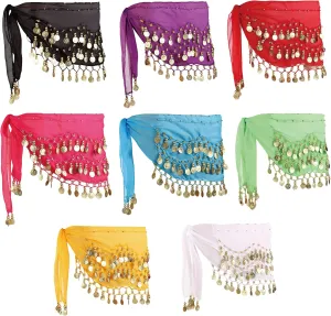 MOLFUJ 8 Pcs Belly Dance Hip Scarf, Belly Dancing Skirt with 128 Gold Coins, Belly Dancer Belt Scarf Skirt for Women 8 Colors