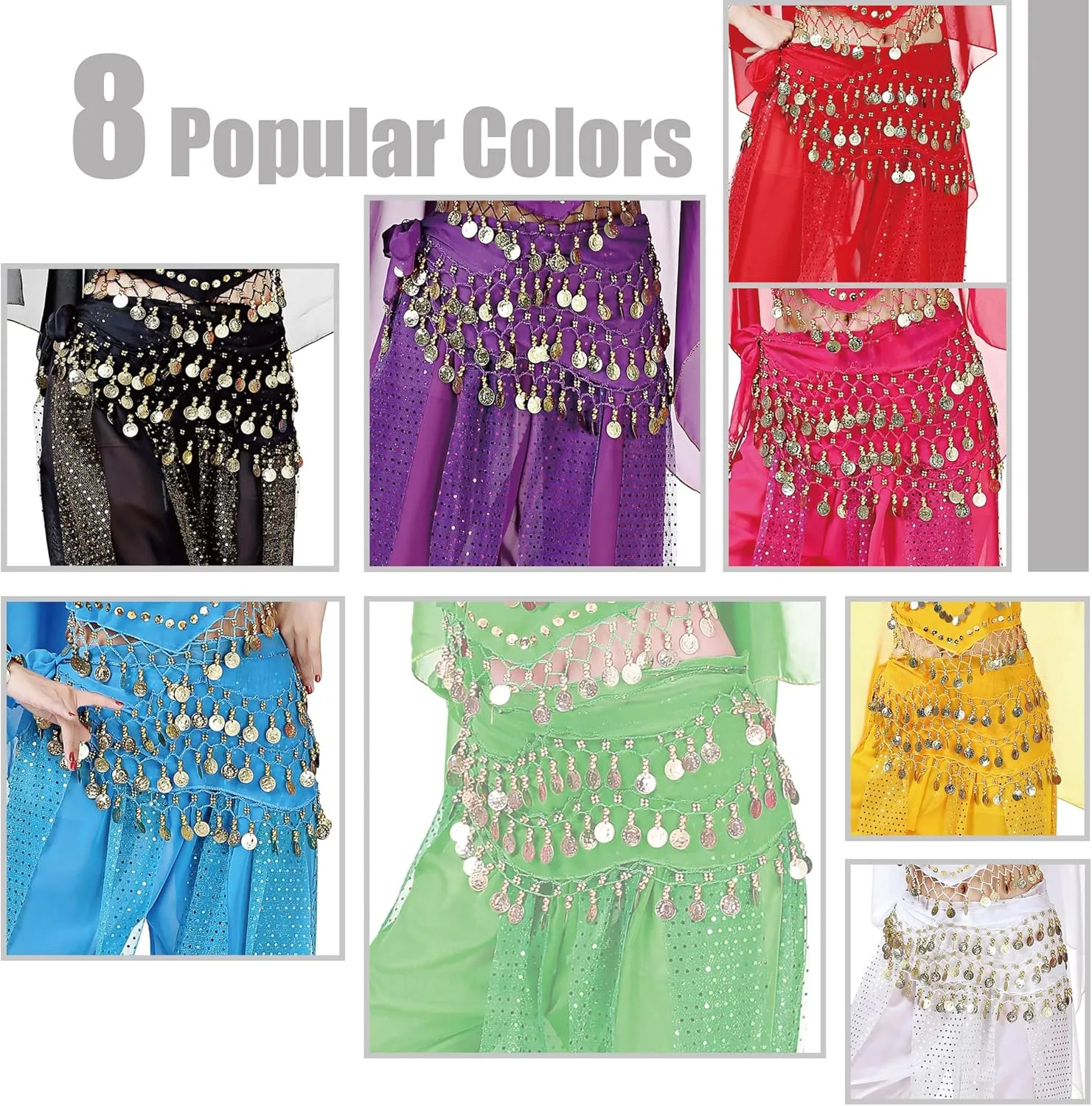 MOLFUJ 8 Pcs Belly Dance Hip Scarf, Belly Dancing Skirt with 128 Gold Coins, Belly Dancer Belt Scarf Skirt for Women 8 Colors