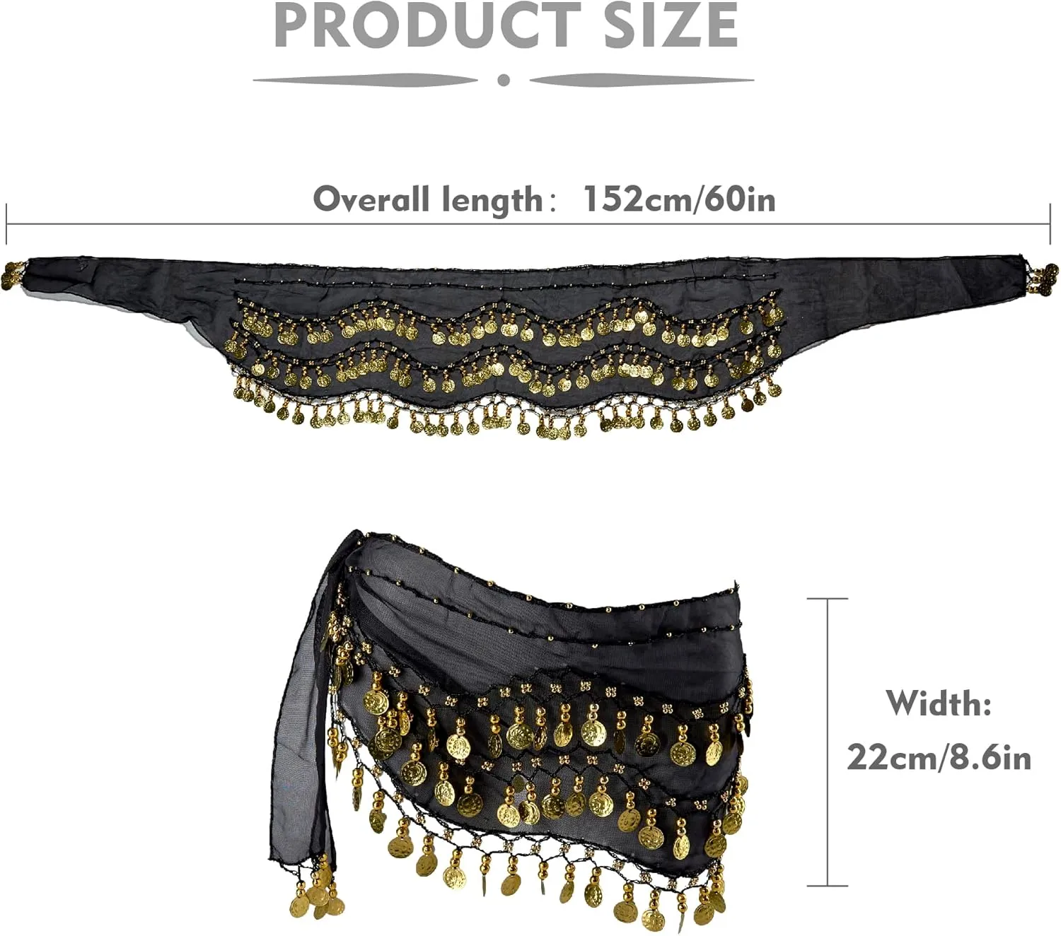 MOLFUJ Belly Dance Hip Scarf, Belly Dancing Skirt with 128 Gold Coins, Belly Dancer Belt Scarf Skirt for Women