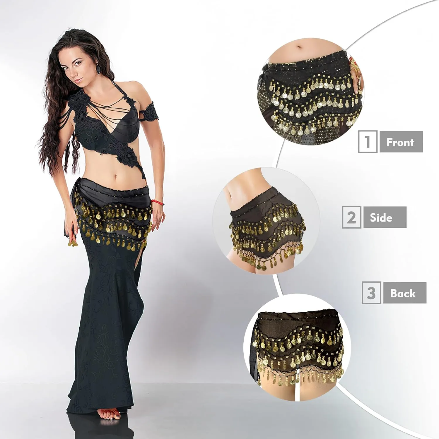 MOLFUJ Belly Dance Hip Scarf, Belly Dancing Skirt with 128 Gold Coins, Belly Dancer Belt Scarf Skirt for Women