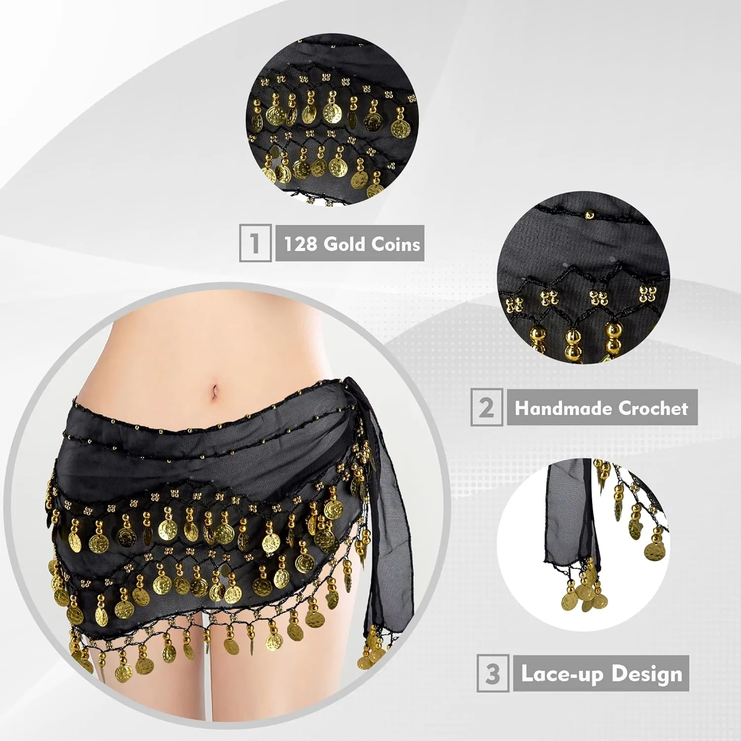 MOLFUJ Belly Dance Hip Scarf, Belly Dancing Skirt with 128 Gold Coins, Belly Dancer Belt Scarf Skirt for Women