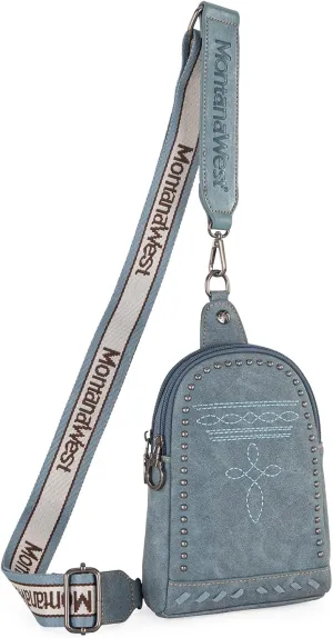 Montana West Longhorn Western Sling Bag for Women Whipstitch Fanny Packs for Women Cross Body Purse with Wide Guitar Strap