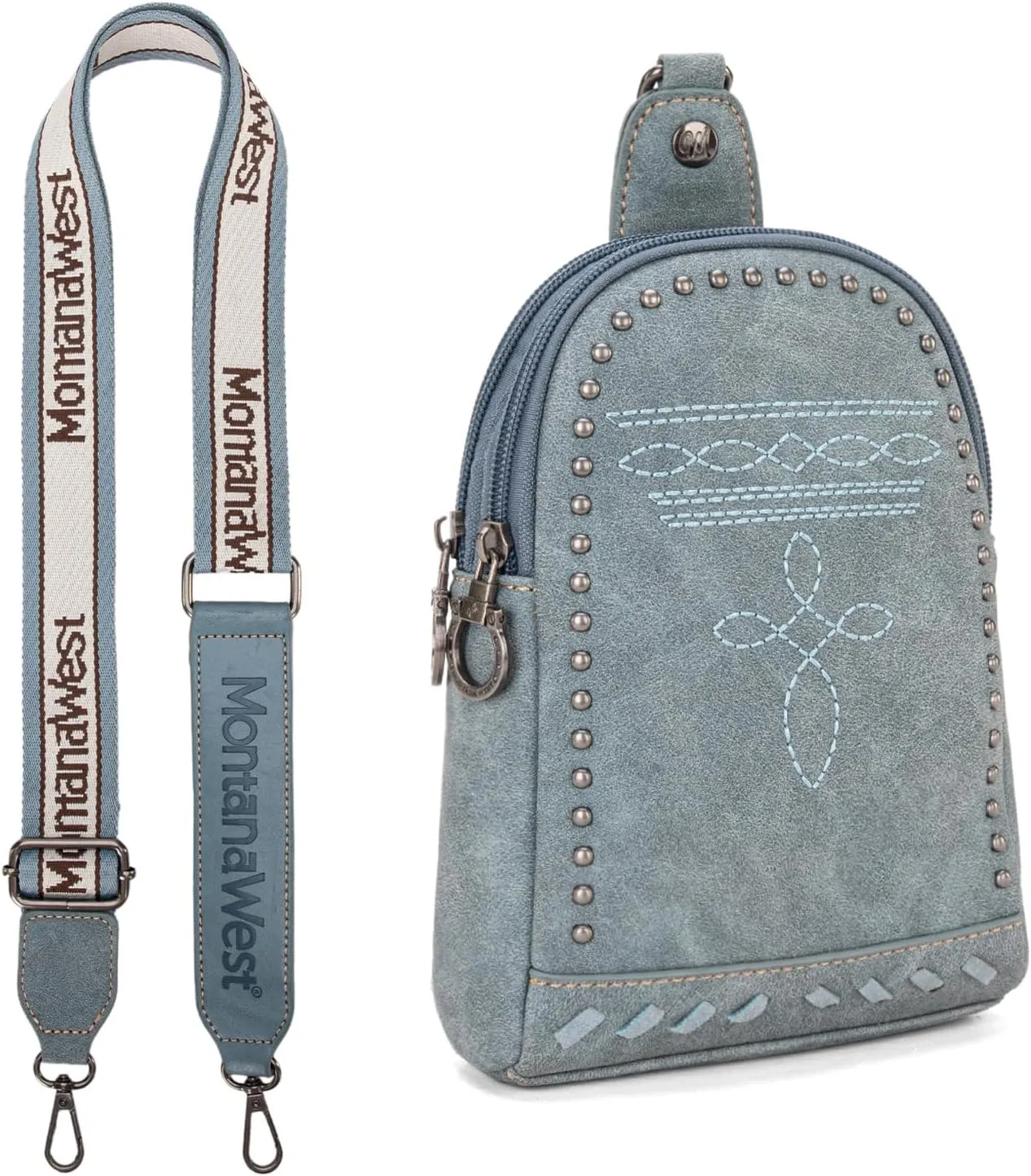 Montana West Longhorn Western Sling Bag for Women Whipstitch Fanny Packs for Women Cross Body Purse with Wide Guitar Strap