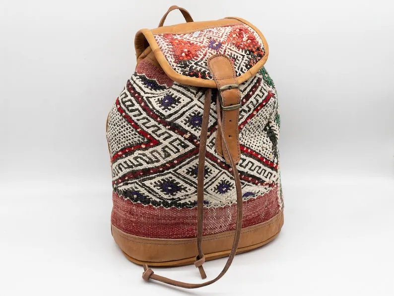 Moroccan Kilim Leather Backpack - Handmade Bohemian Bag