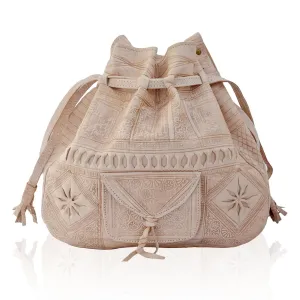 Moroccan Leather Bucket Bag for Women – Bohemian Tooled Crossbody Purse | Moroccan Gypsy Drawstring Tote, Vintage Hippie Shoulder Bag (Natural)