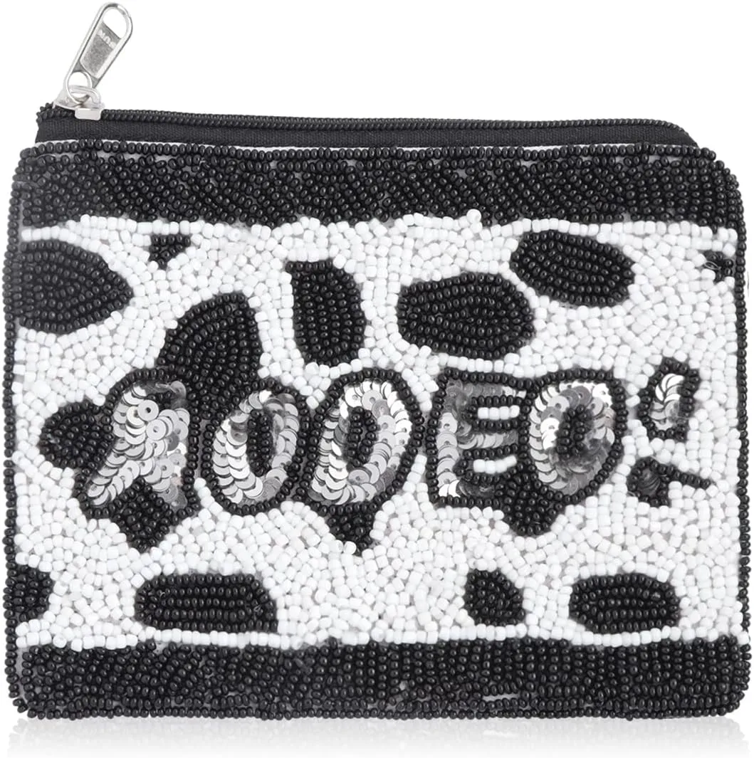 Multifunction Cute Print Travel Cosmetic Pouch Bag - Bridesmaid Organizer Wristlet Purse Inspirational Quote/Skull/Pineapple (Beaded Coin Pouch - Western Boots Rodeo Cow)