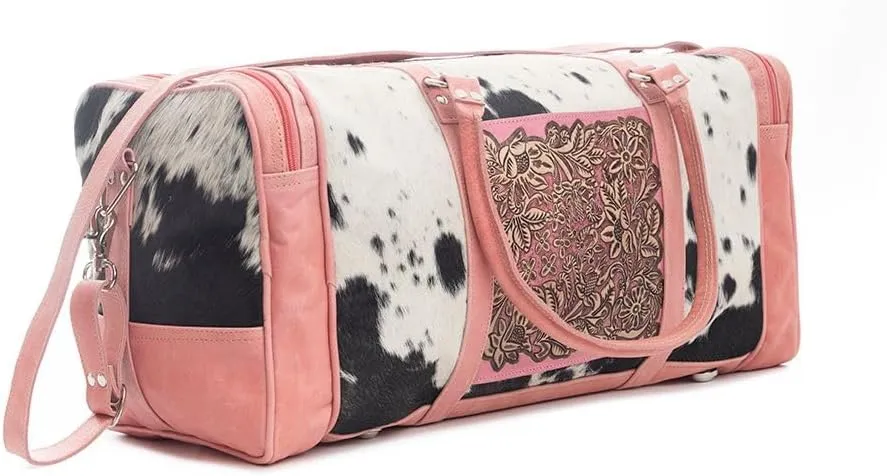 Myra Bag Western Leather Duffle Bag for Women - Upcycled Hairon Shoulder Travel Bag Sunrise Pink, S-9528