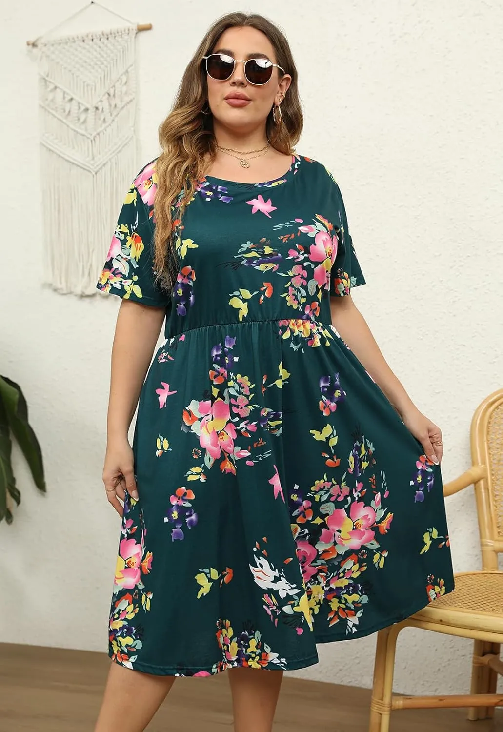 Nemidor Plus Size Casual Dresses for Curvy Women Summer Short Sleeve Fit and Flare Midi Swing Dress with Pocket