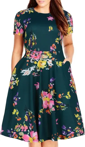 Nemidor Plus Size Casual Dresses for Curvy Women Summer Short Sleeve Fit and Flare Midi Swing Dress with Pocket