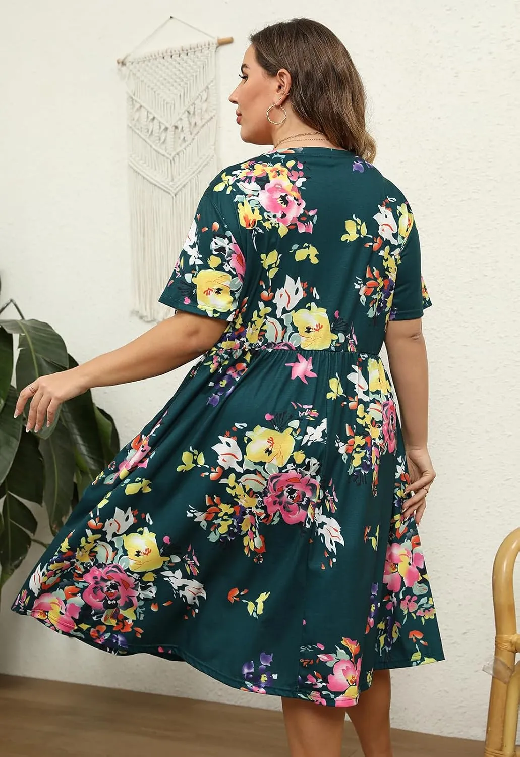 Nemidor Plus Size Casual Dresses for Curvy Women Summer Short Sleeve Fit and Flare Midi Swing Dress with Pocket