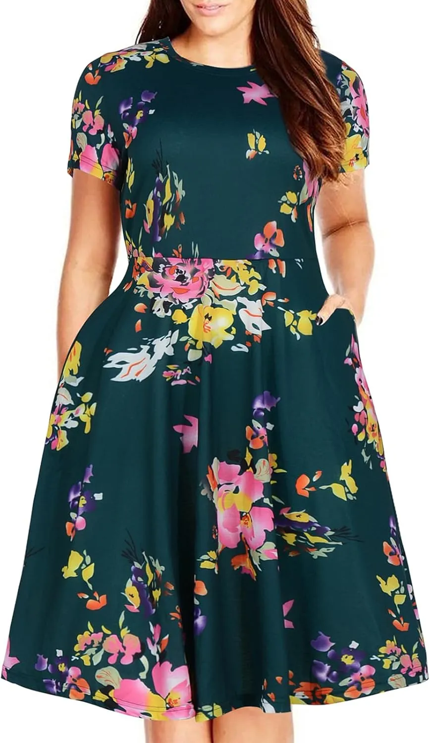 Nemidor Plus Size Casual Dresses for Curvy Women Summer Short Sleeve Fit and Flare Midi Swing Dress with Pocket