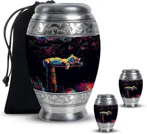 Neon Cat Dream Memorial Set - 10” Black Funeral Urn with 2 Small Keepsake Urns for Ashes (Velvet Bag)