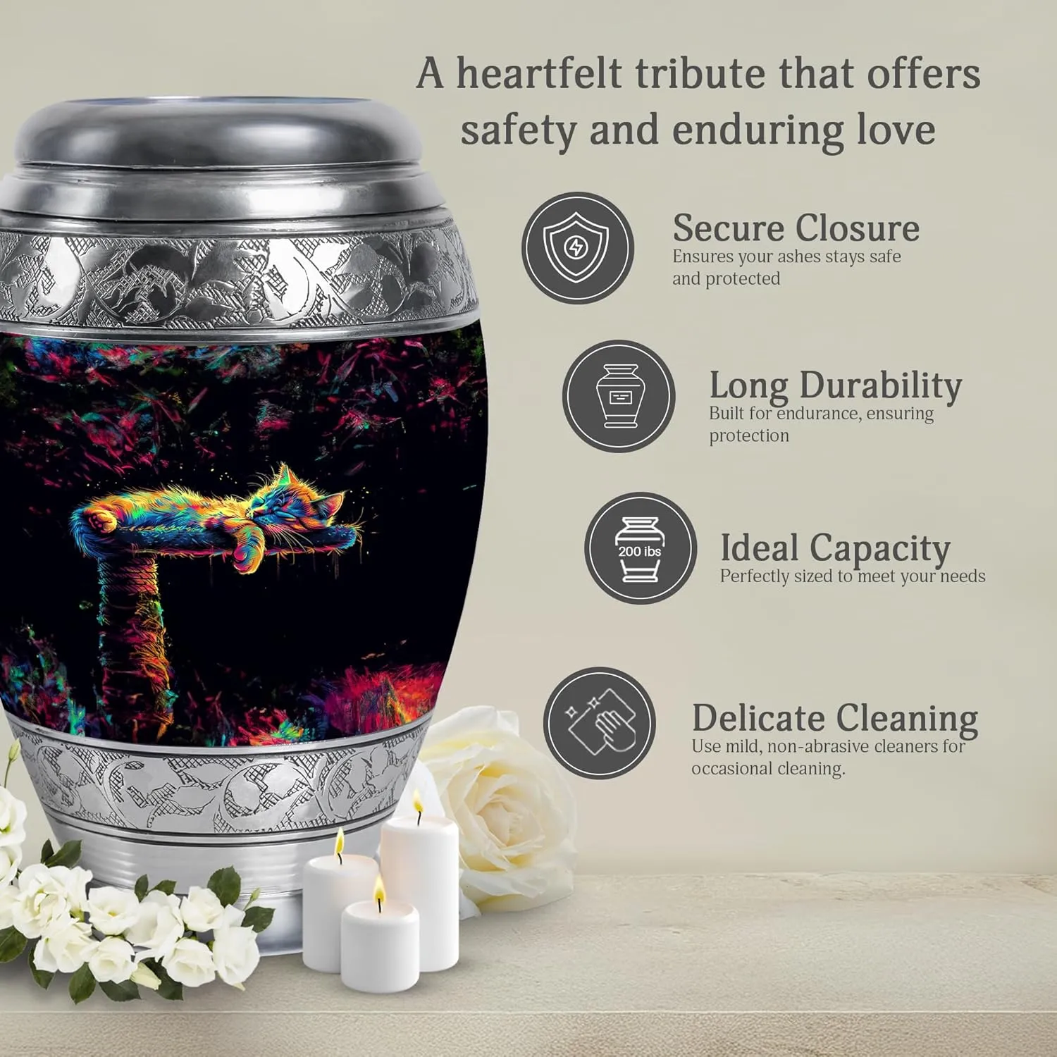 Neon Cat Dream Memorial Set - 10” Black Funeral Urn with 2 Small Keepsake Urns for Ashes (Velvet Bag)