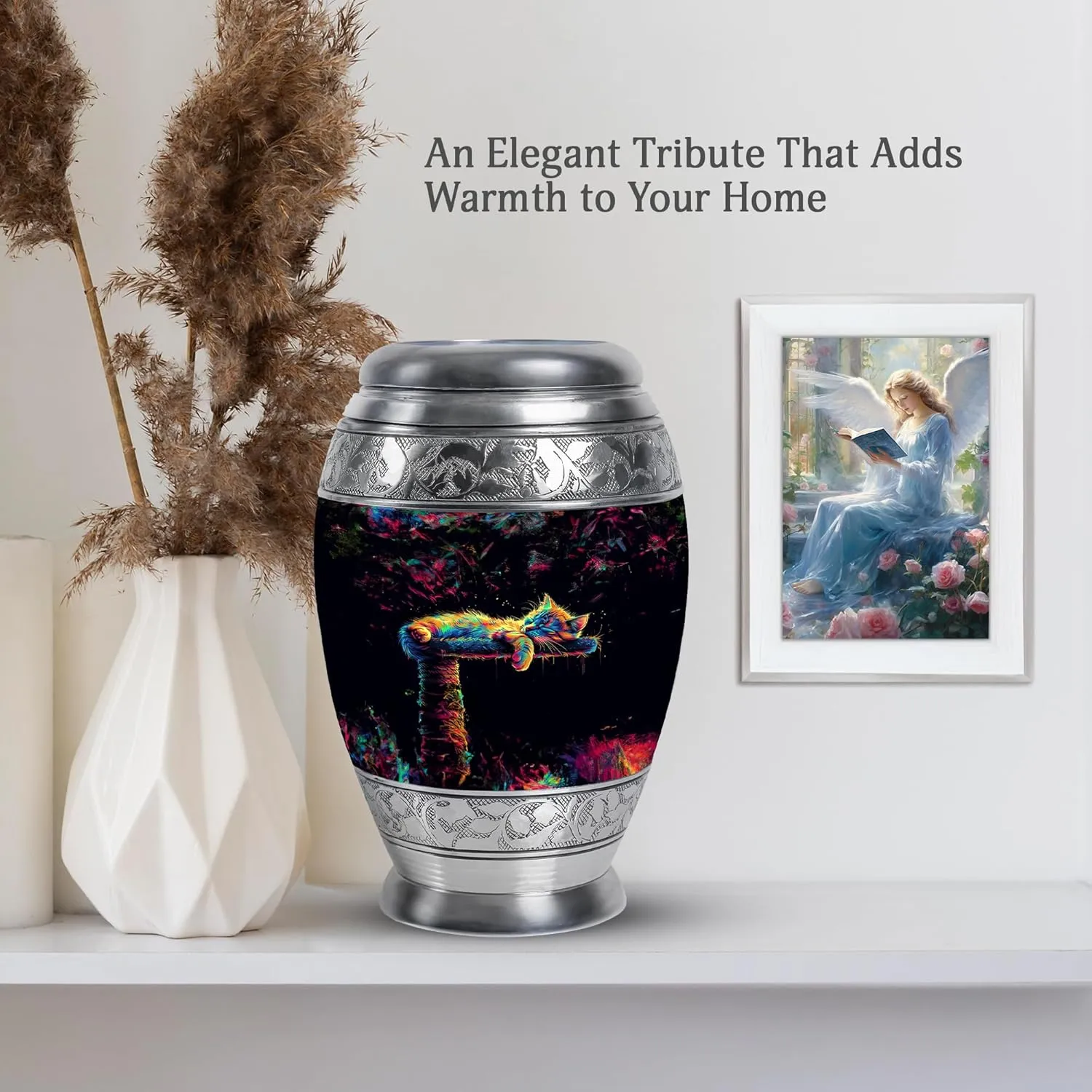 Neon Cat Dream Memorial Set - 10” Black Funeral Urn with 2 Small Keepsake Urns for Ashes (Velvet Bag)