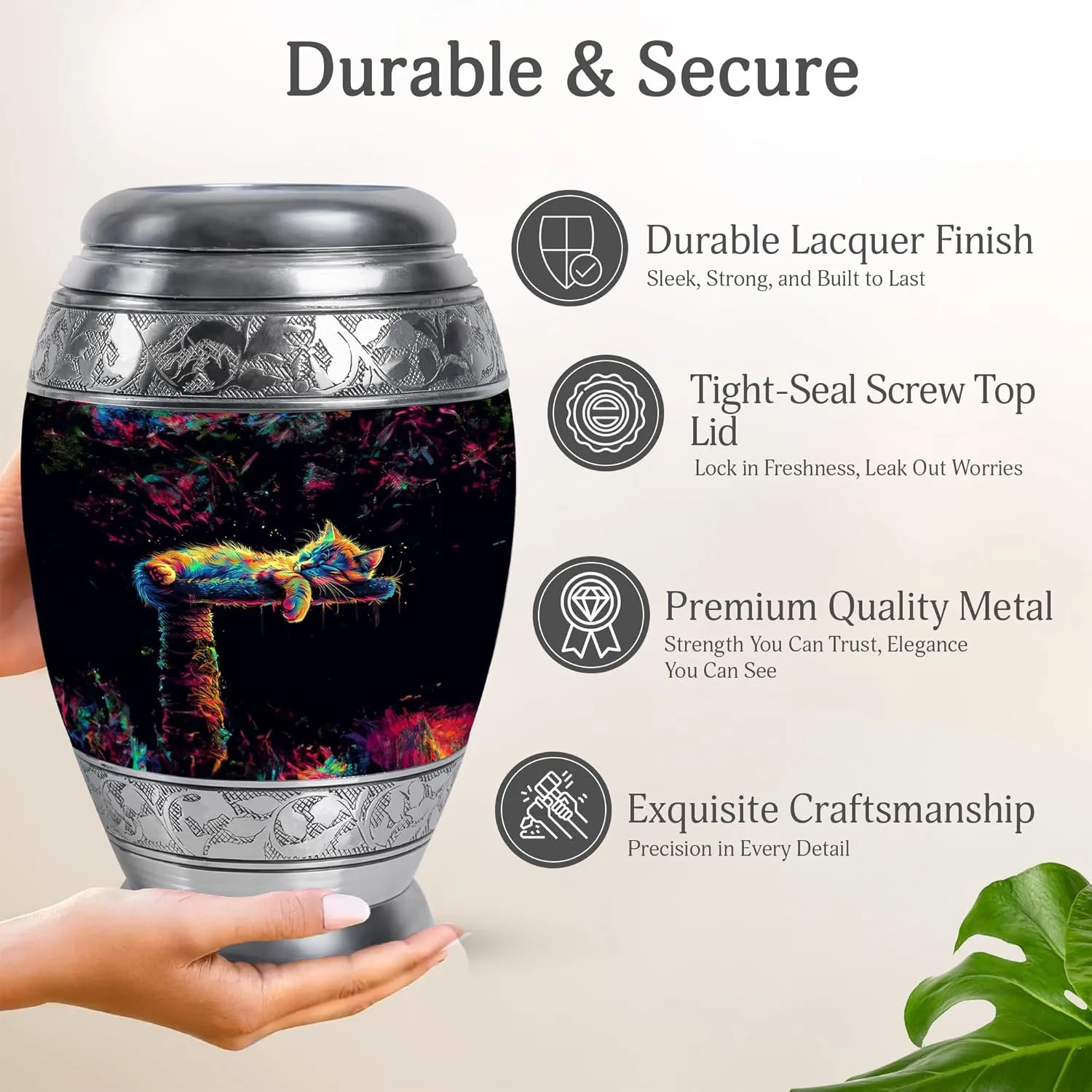 Neon Cat Dream Memorial Set - 10” Black Funeral Urn with 2 Small Keepsake Urns for Ashes (Velvet Bag)