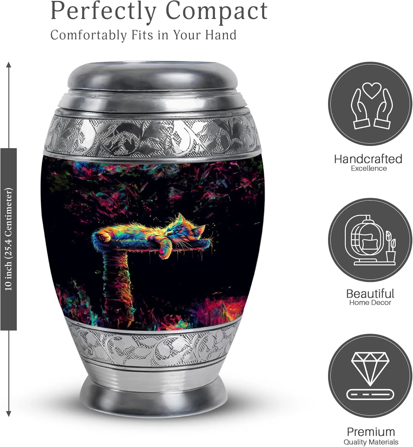 Neon Cat Dream Memorial Set - 10” Black Funeral Urn with 2 Small Keepsake Urns for Ashes (Velvet Bag)