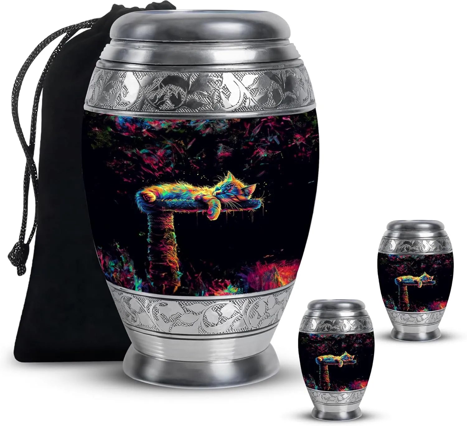 Neon Cat Dream Memorial Set - 10” Black Funeral Urn with 2 Small Keepsake Urns for Ashes (Velvet Bag)
