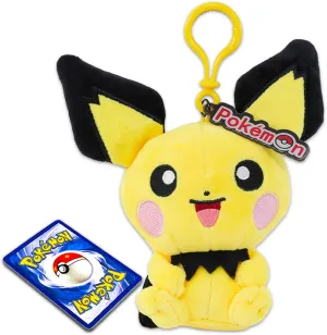 Nintendo Pichu Plush Keychain Set - Pichu Bag Clips Bundle with 5" Pokemon Pichu Keychain Plush Plus Pokemon Cards | Pokemon Plush Keychains for Backpack