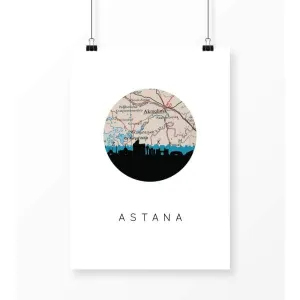 Nur-Sultan city skyline with vintage Nur-Sultan map