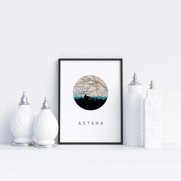 Nur-Sultan city skyline with vintage Nur-Sultan map