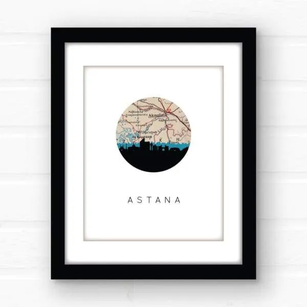 Nur-Sultan city skyline with vintage Nur-Sultan map