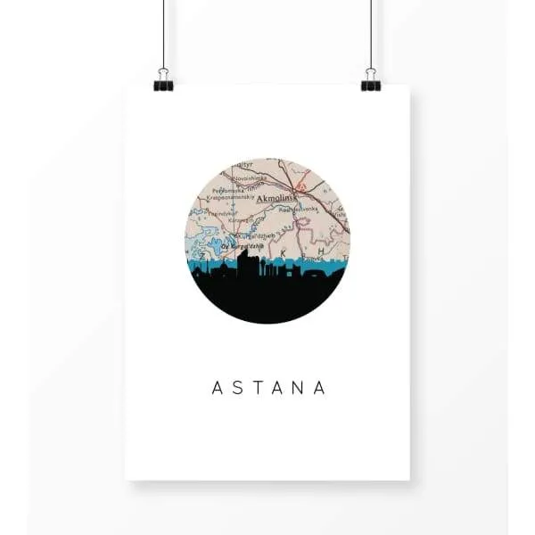 Nur-Sultan city skyline with vintage Nur-Sultan map