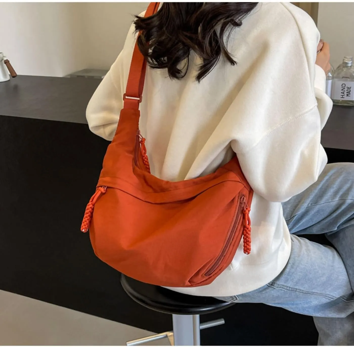 Nylon Crescent Crossbody Bag for Womens,Retro Canvas Bag,Trendy Casual Sling Bag Lightweight with Adjustable Strap