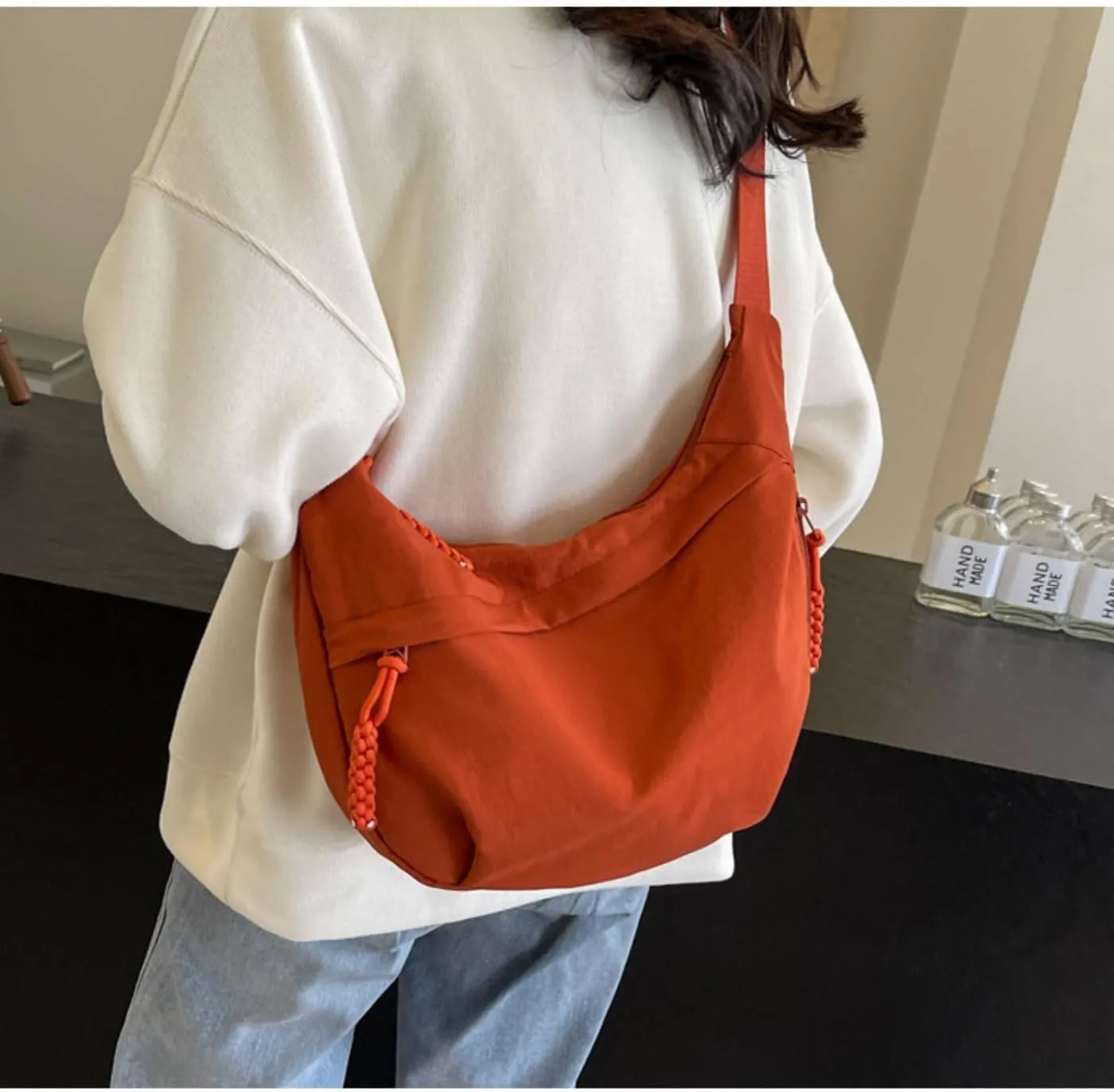Nylon Crescent Crossbody Bag for Womens,Retro Canvas Bag,Trendy Casual Sling Bag Lightweight with Adjustable Strap