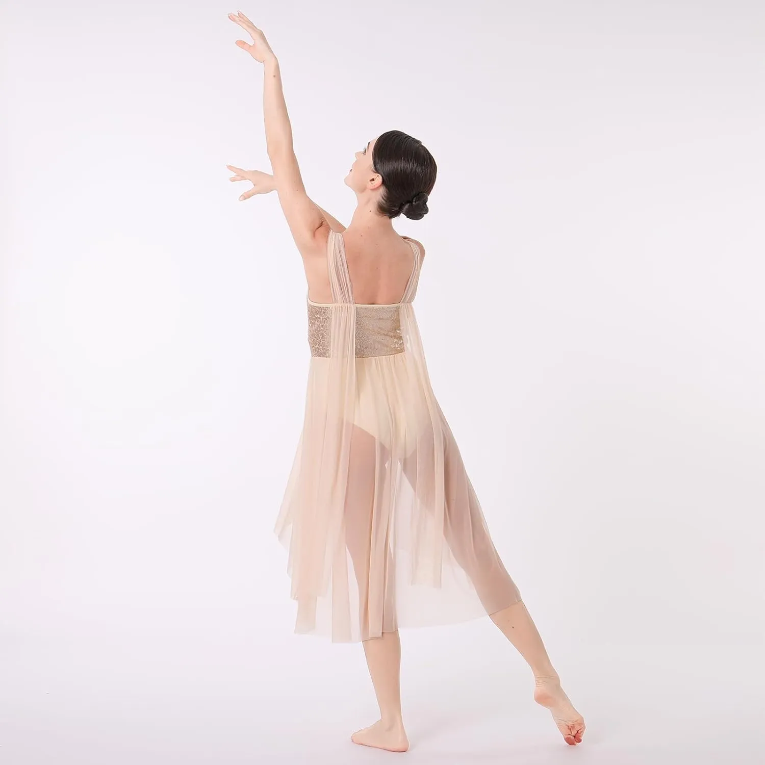 ODASDO Women Adult Lyrical Dance Dress Modern Contemporary Costume Sequins Mesh Tulle High Low Skirt Ballet Dancewear