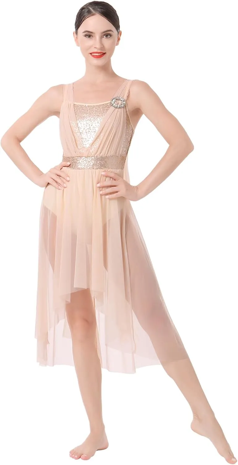 ODASDO Women Adult Lyrical Dance Dress Modern Contemporary Costume Sequins Mesh Tulle High Low Skirt Ballet Dancewear
