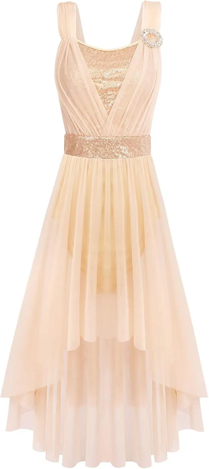 ODASDO Women Adult Lyrical Dance Dress Modern Contemporary Costume Sequins Mesh Tulle High Low Skirt Ballet Dancewear