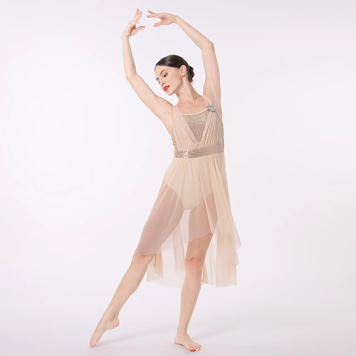 ODASDO Women Adult Lyrical Dance Dress Modern Contemporary Costume Sequins Mesh Tulle High Low Skirt Ballet Dancewear