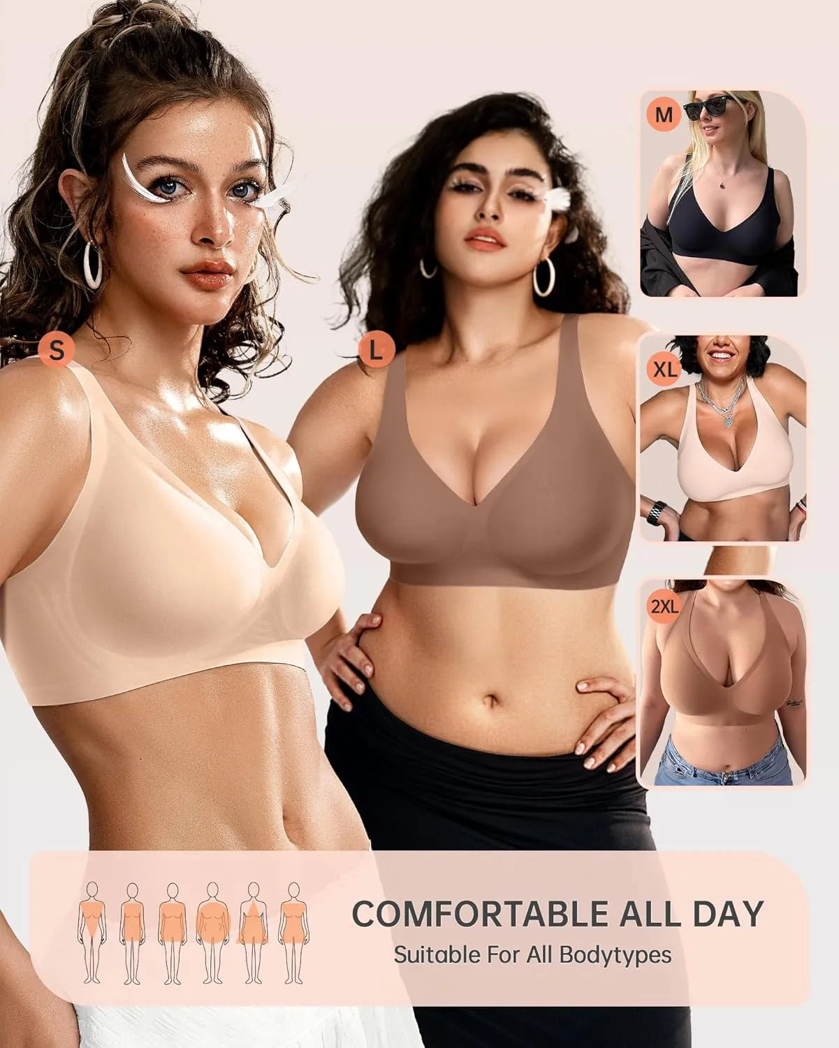 OEAK Womens Deep V Bras Wireless Comfortable Bra Supportive No Underwire Bras Tshirt Push Up Bralettes Plunge Seamless Bra
