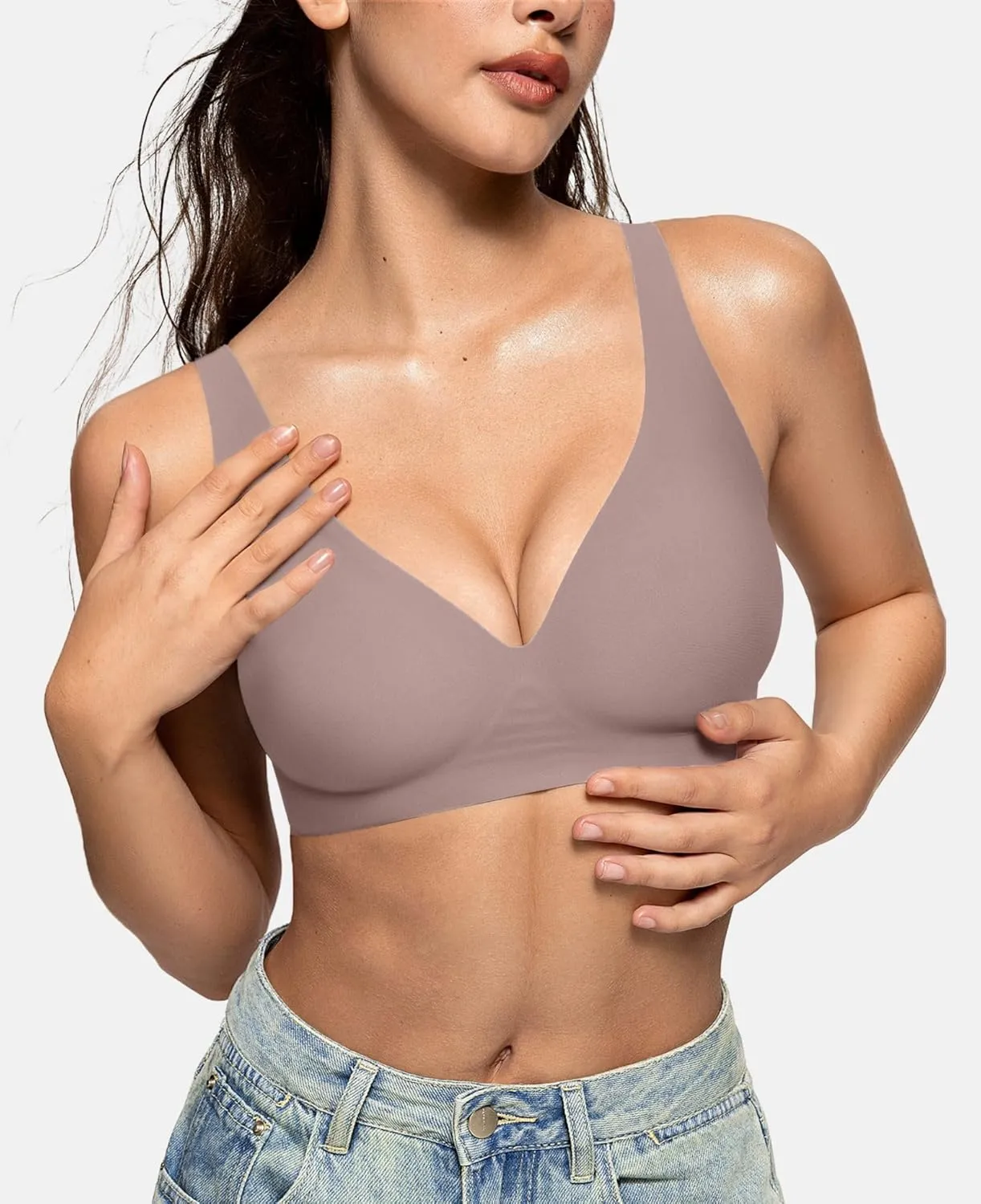 OEAK Womens Deep V Bras Wireless Comfortable Bra Supportive No Underwire Bras Tshirt Push Up Bralettes Plunge Seamless Bra