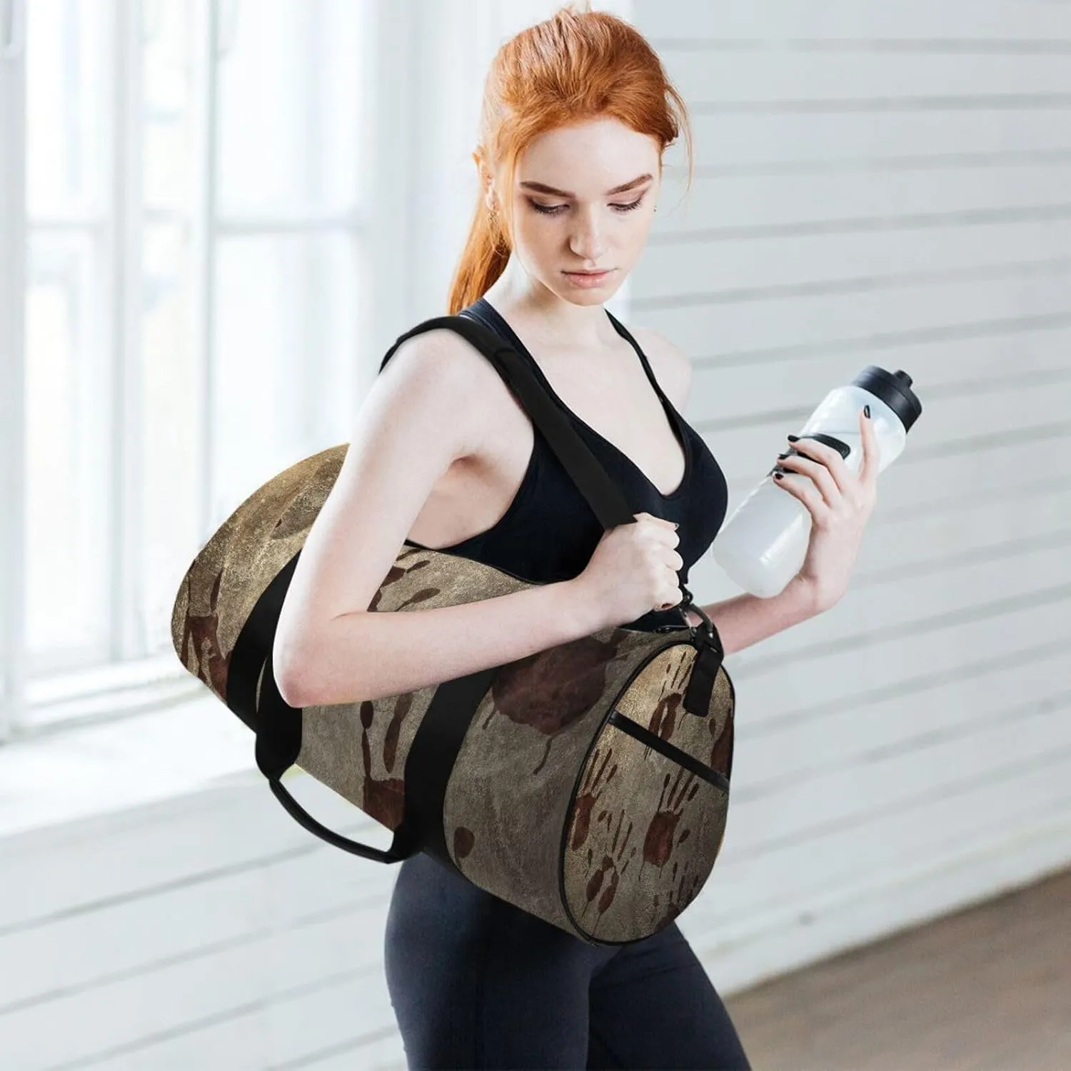 Old Vintage Background with Bloody Handprints Blood Hands Portable Gym Bag, Travel Bag, Luggage bag, Sports Bag, Toiletry Bag with Handles, Detachable Shoulder Strap 17.6 x 9 x 9 inch