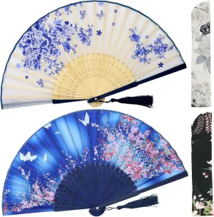 OMyTea Folding Hand Fans for Women - Chinese Japanese Vintage Bamboo Silk Fans - for Hot Flash, EDM, Music Festival, Party, Dance, Performance, Decoration, Wedding, Gift (Blue & White Sakura)
