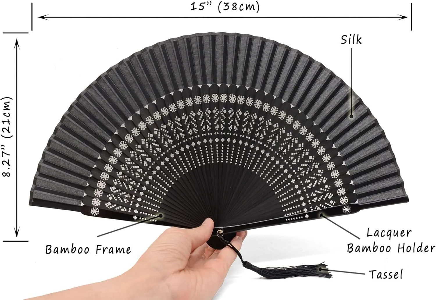 OMyTea Sexy Black Folding Hand Held Rave Bamboo Fan for Women - Chinese Japanese Spanish Handheld Fan - for Wedding, Decoration, Performance, Dancing, Church, Party, Gifts (Snowflake)