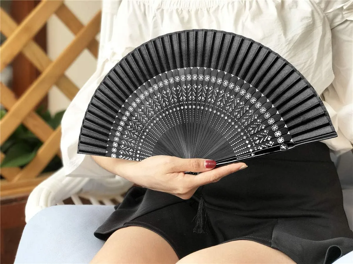 OMyTea Sexy Black Folding Hand Held Rave Bamboo Fan for Women - Chinese Japanese Spanish Handheld Fan - for Wedding, Decoration, Performance, Dancing, Church, Party, Gifts (Snowflake)