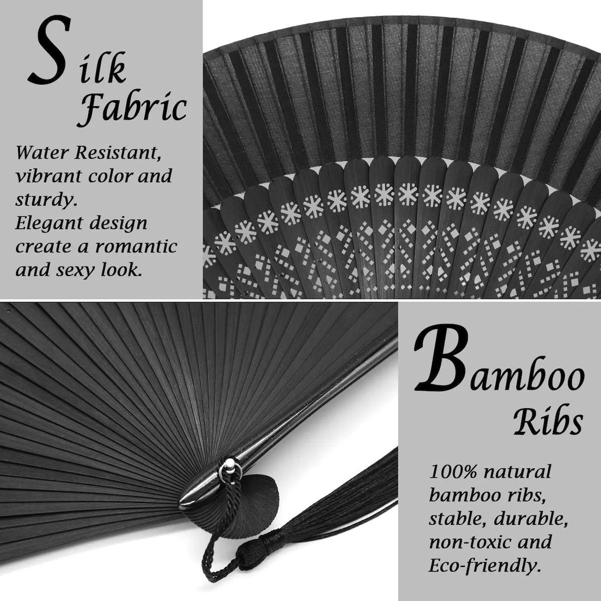 OMyTea Sexy Black Folding Hand Held Rave Bamboo Fan for Women - Chinese Japanese Spanish Handheld Fan - for Wedding, Decoration, Performance, Dancing, Church, Party, Gifts (Snowflake)