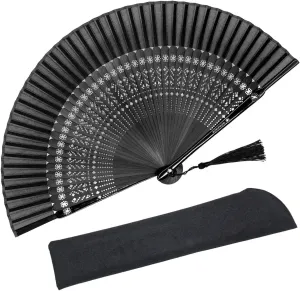 OMyTea Sexy Black Folding Hand Held Rave Bamboo Fan for Women - Chinese Japanese Spanish Handheld Fan - for Wedding, Decoration, Performance, Dancing, Church, Party, Gifts (Snowflake)