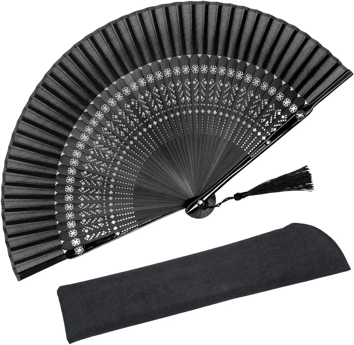 OMyTea Sexy Black Folding Hand Held Rave Bamboo Fan for Women - Chinese Japanese Spanish Handheld Fan - for Wedding, Decoration, Performance, Dancing, Church, Party, Gifts (Snowflake)