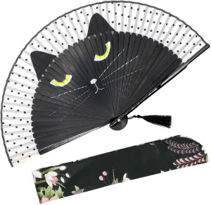 OMyTea Sexy Cat Folding Hand Held Fan for Women - with a Fabric Sleeve for Protection - Chinese/Japanese Vintage Retro Style for Wedding, Dancing, Church, Party, Gifts (Black)