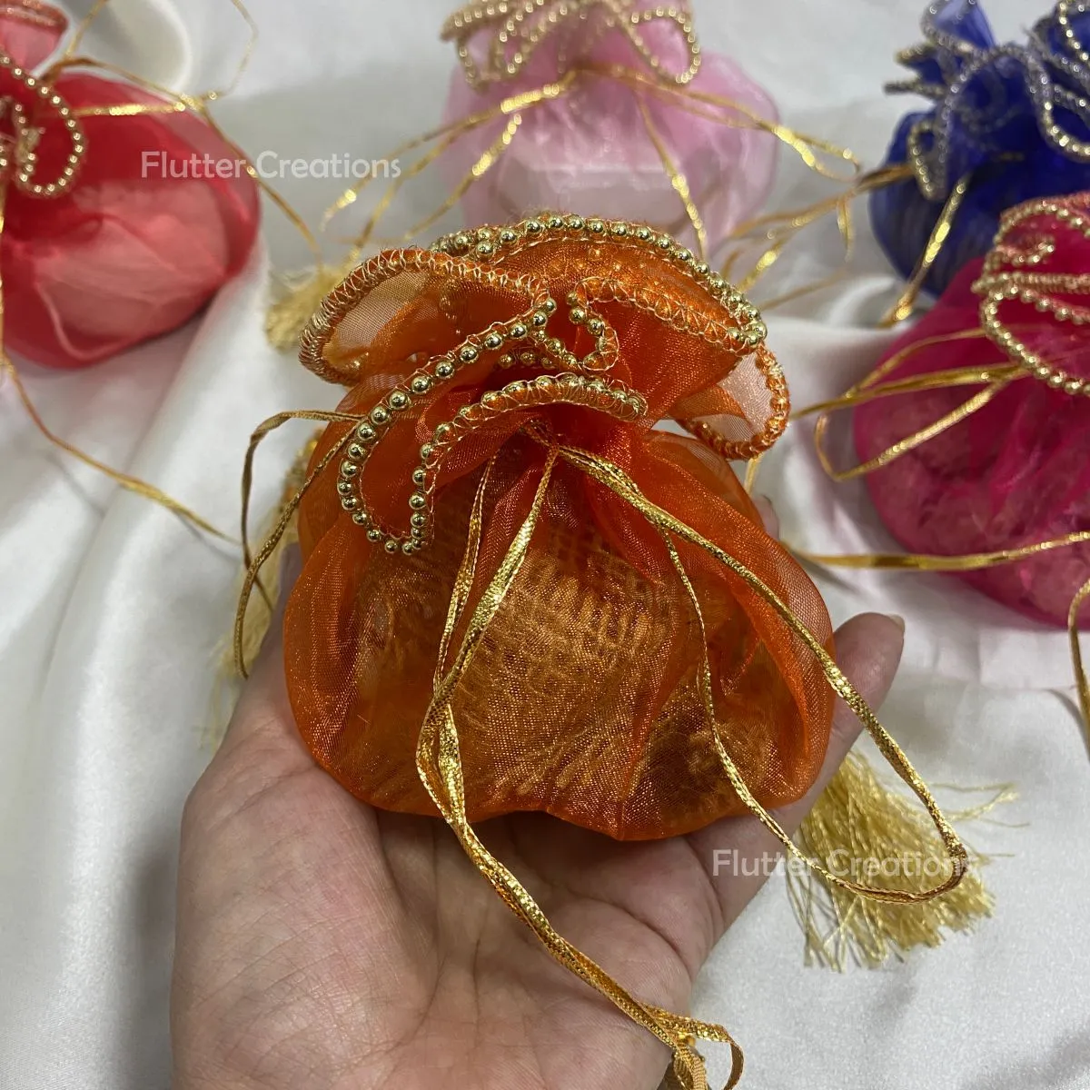 Organza Pouch with Golden Beaded Lace (Multi Color)