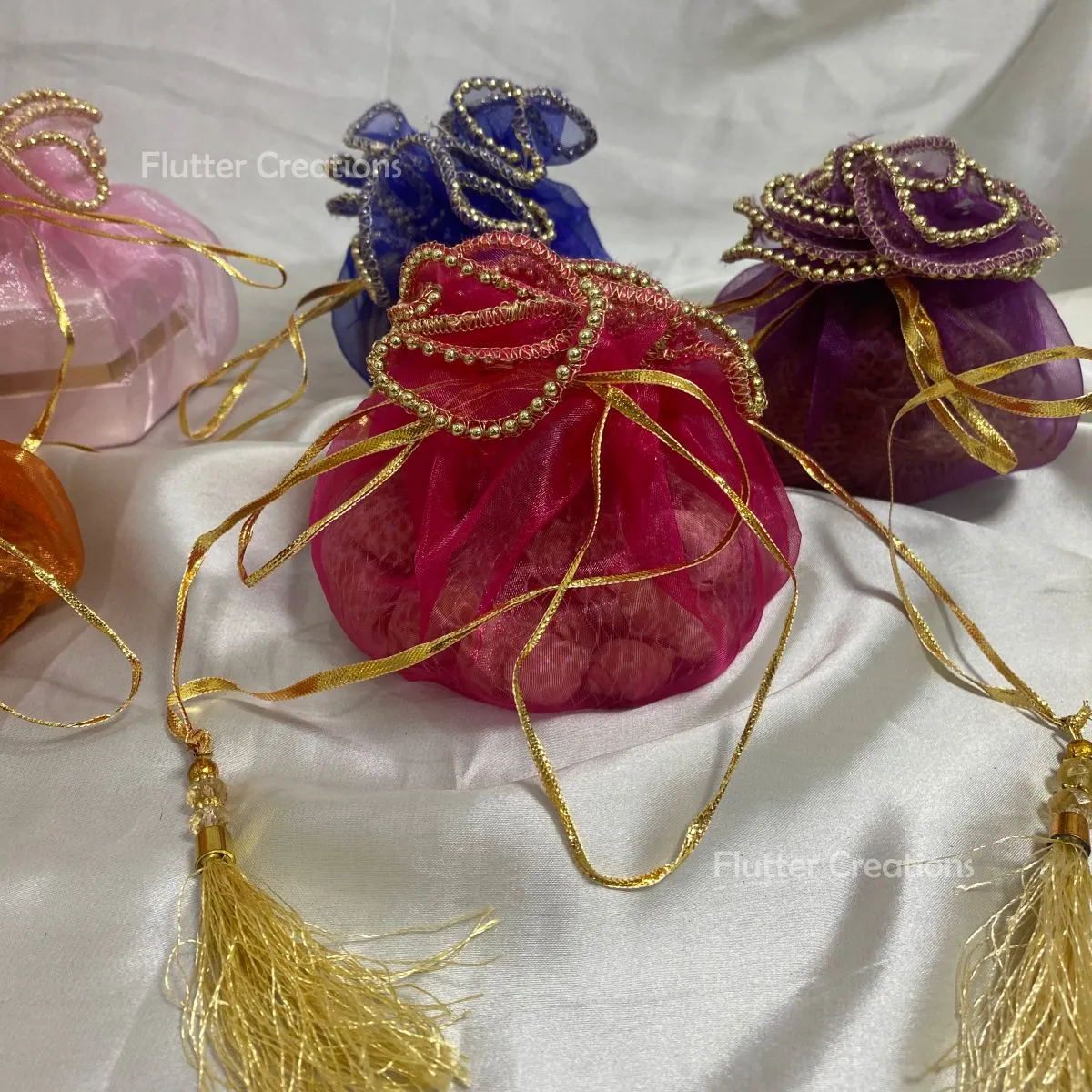 Organza Pouch with Golden Beaded Lace (Multi Color)