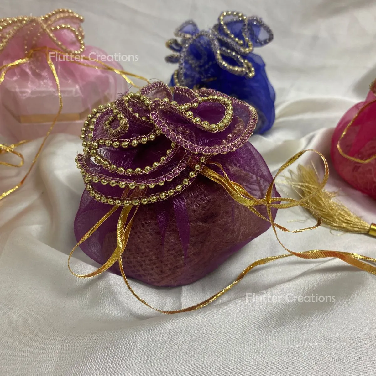 Organza Pouch with Golden Beaded Lace (Multi Color)