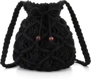 Ovida Crochet Mini Bucket Bag - Summer Woven Beach Shoulder Bag with Drawstring Closure