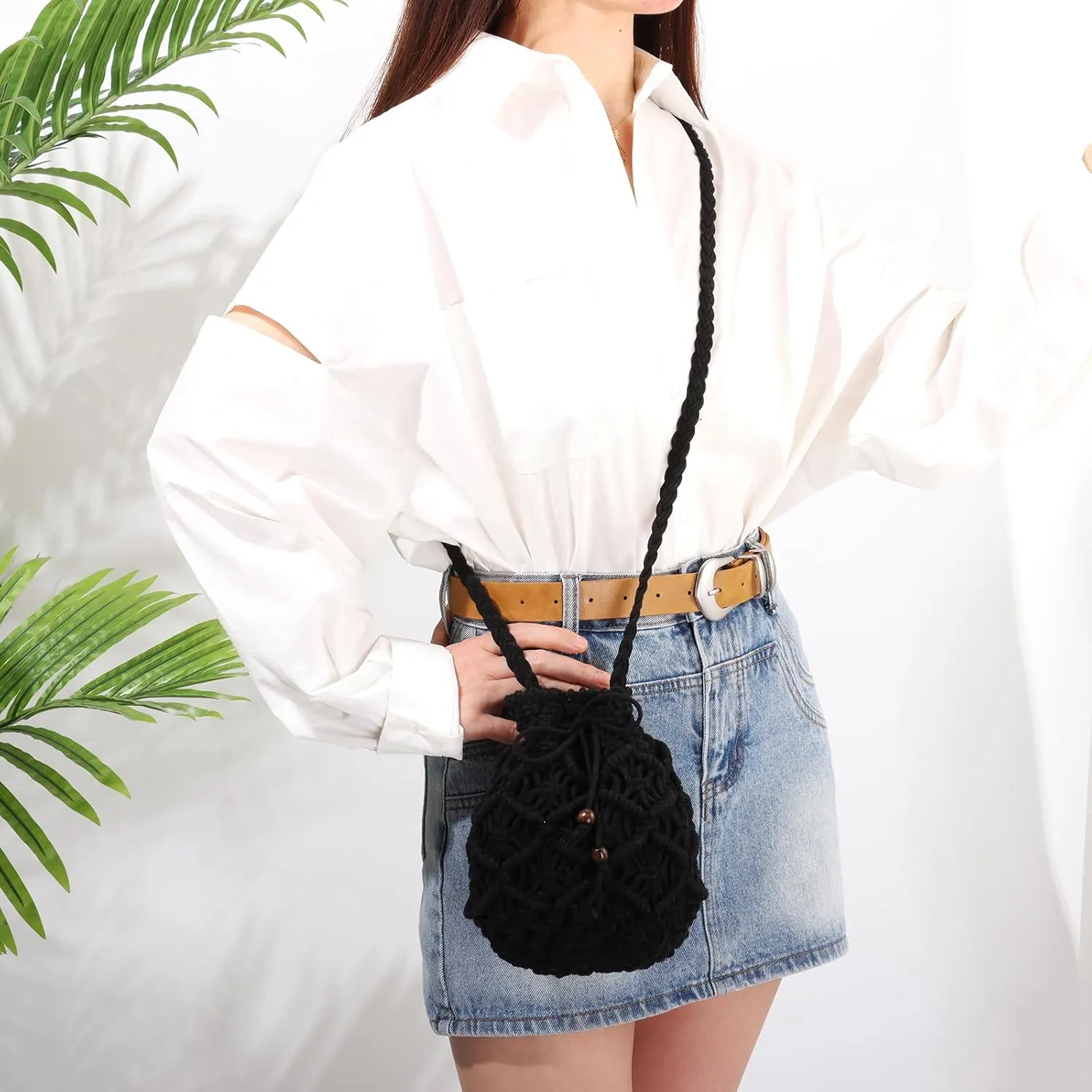 Ovida Crochet Mini Bucket Bag - Summer Woven Beach Shoulder Bag with Drawstring Closure