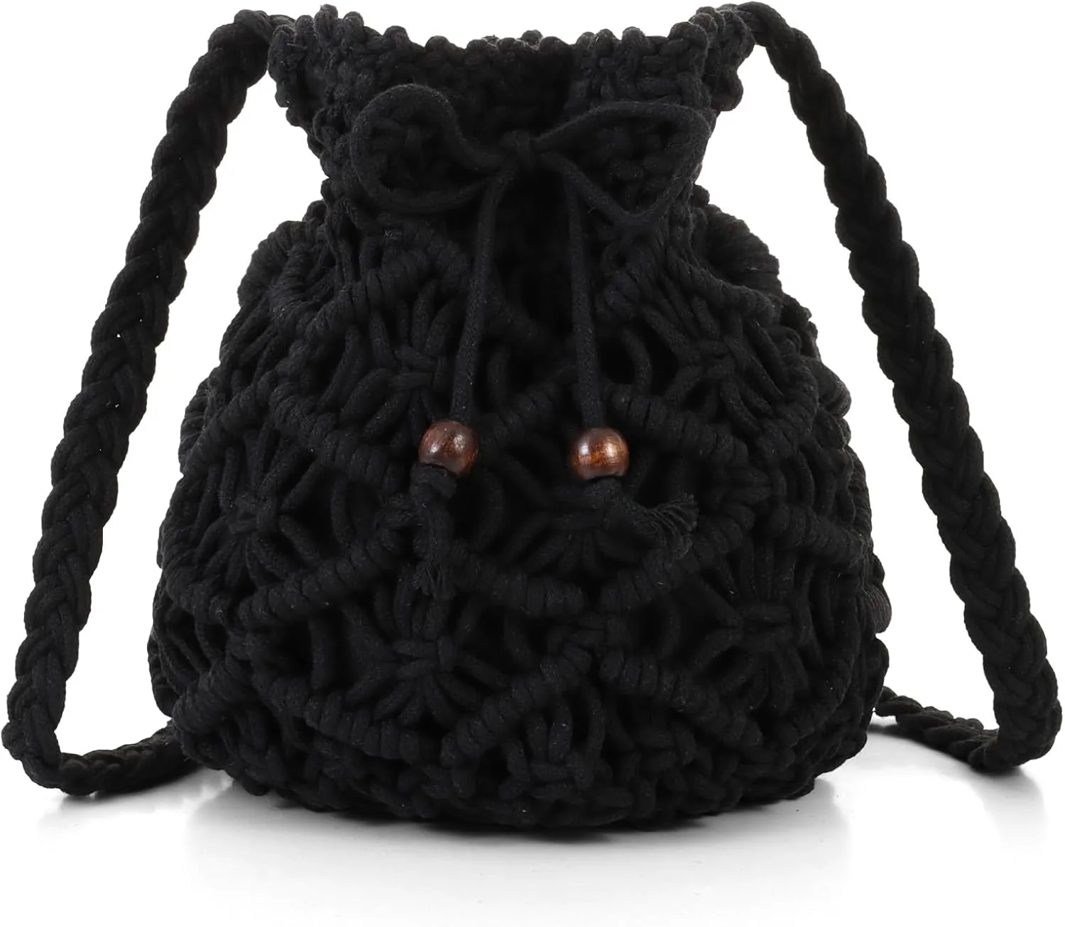 Ovida Crochet Mini Bucket Bag - Summer Woven Beach Shoulder Bag with Drawstring Closure